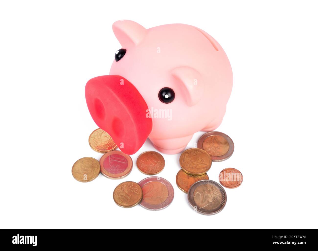 Piggy bank with pile of euro coins on white background Stock Photo