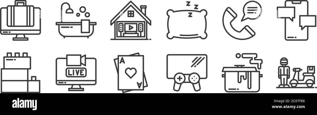 12 set of linear stay at home icons. thin outline icons such as delivery, video game, live, calling, home theater, bathing for web, mobile Stock Vector