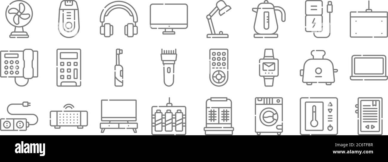 electronics line icons. linear set. quality vector line set such as ebook, washing machine, , plug, toaster, graphic tablet, desk lamp, Stock Vector
