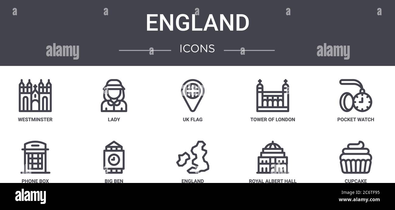 england concept line icons set. contains icons usable for web, logo, ui/ux such as lady, tower of london, phone box, england, royal albert hall, cupca Stock Vector