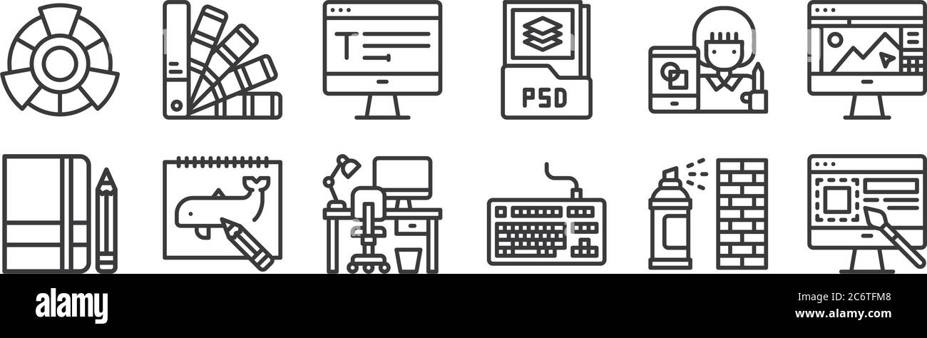 12 set of linear graphic design icons. thin outline icons such as web ...