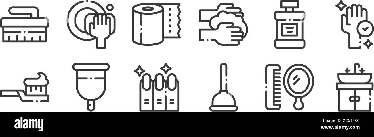 12 set of linear hygiene routine icons. thin outline icons such as sink ...