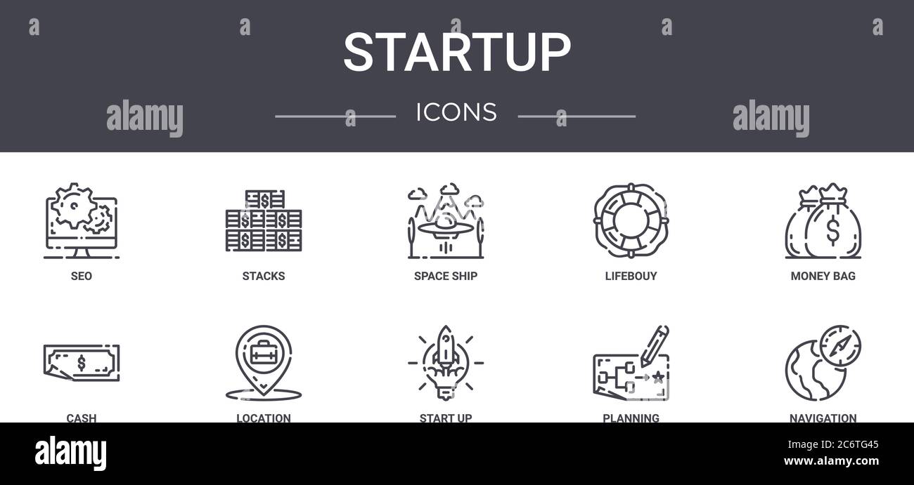 startup concept line icons set. contains icons usable for web, logo, ui/ux such as stacks, lifebouy, cash, start up, planning, navigation, money bag, Stock Vector
