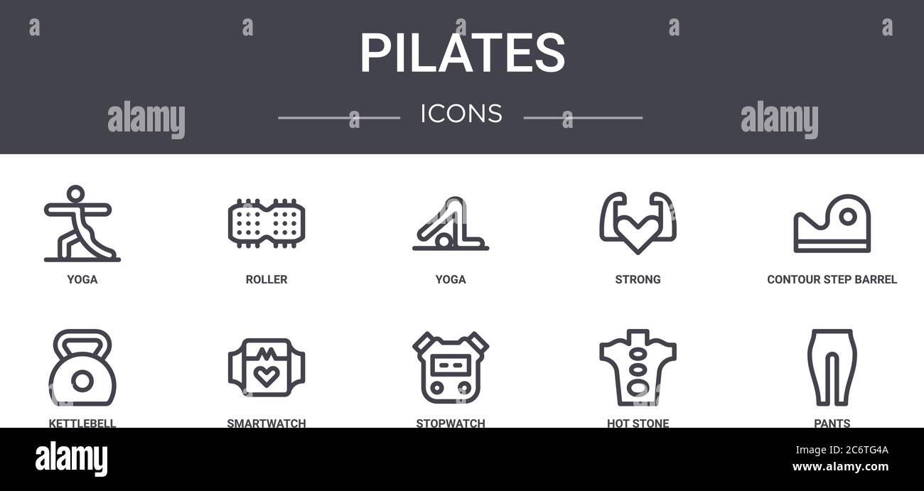 pilates concept line icons set. contains icons usable for web, logo, ui/ux such as roller, strong, kettlebell, stopwatch, hot stone, pants, contour st Stock Vector