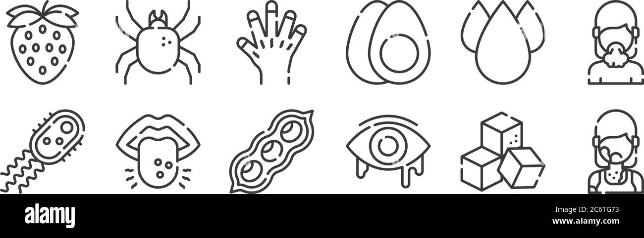 12 set of linear allergies icons. thin outline icons such as rash, eye, tongue, trans fat, cyanosis, mite for web, mobile Stock Vector