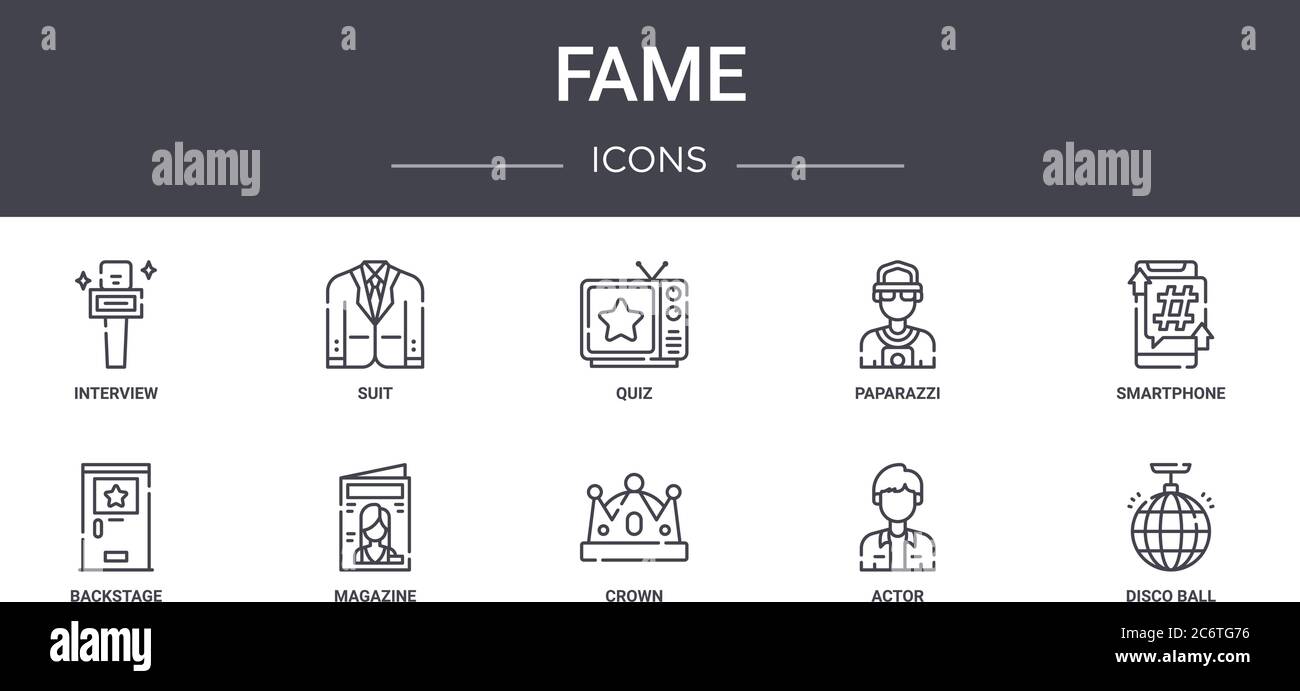 fame concept line icons set. contains icons usable for web, logo, ui/ux such as suit, paparazzi, backstage, crown, actor, disco ball, smartphone, quiz Stock Vector