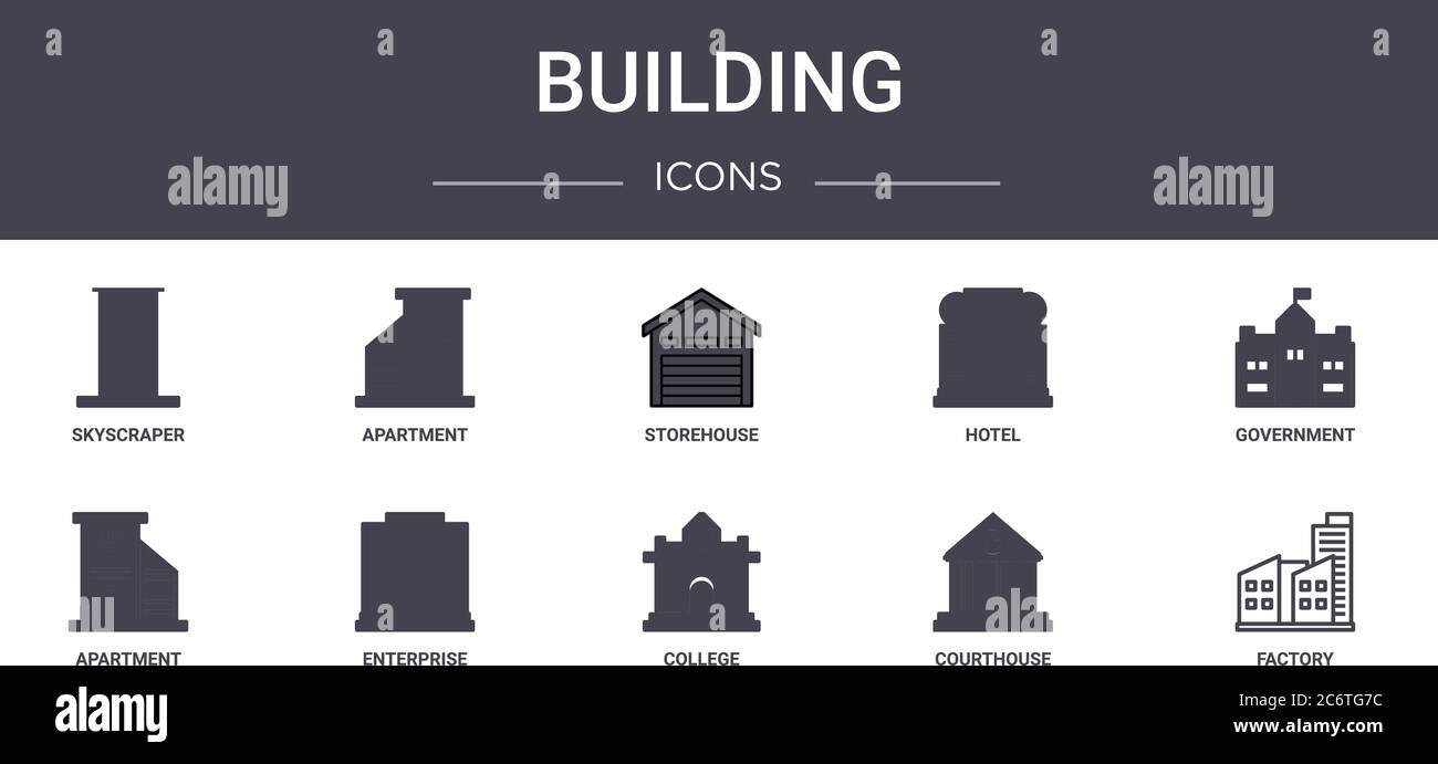 building concept line icons set. contains icons usable for web, logo, ui/ux such as apartment, hotel, apartment, college, courthouse, factory, governm Stock Vector