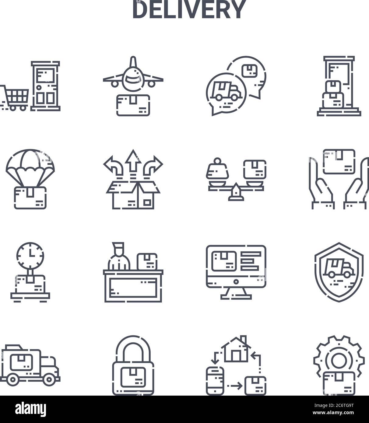 set of 16 delivery concept vector line icons. 64x64 thin stroke icons ...