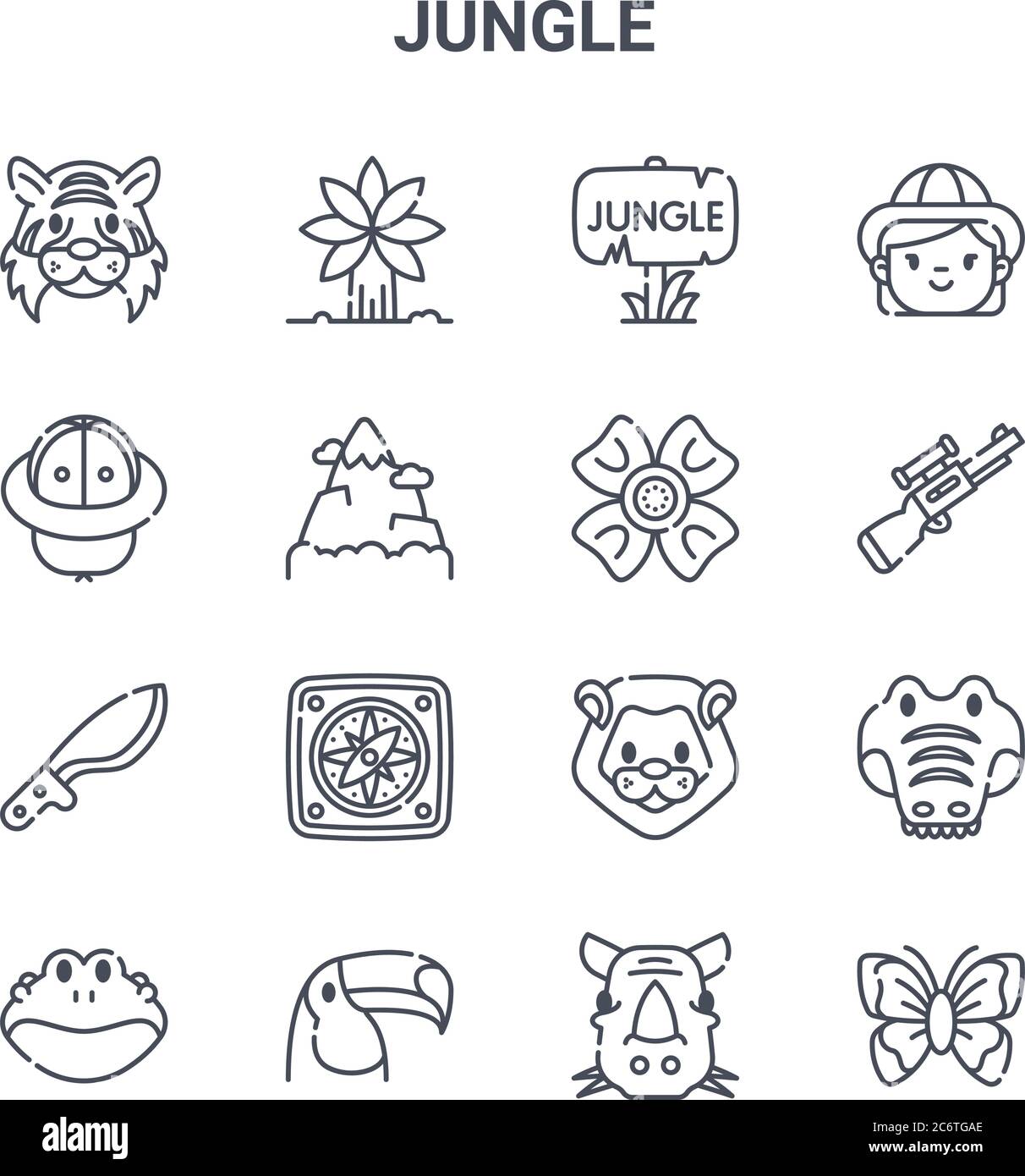 set of 16 jungle concept vector line icons. 64x64 thin stroke icons such as palm, hat, rifle, lion, toucan, butterfly, rhinoceros, flower, girl Stock Vector
