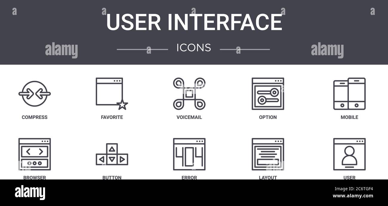 user interface concept line icons set. contains icons usable for web, logo, ui/ux such as favorite, option, browser, error, layout, user, mobile, voic Stock Vector