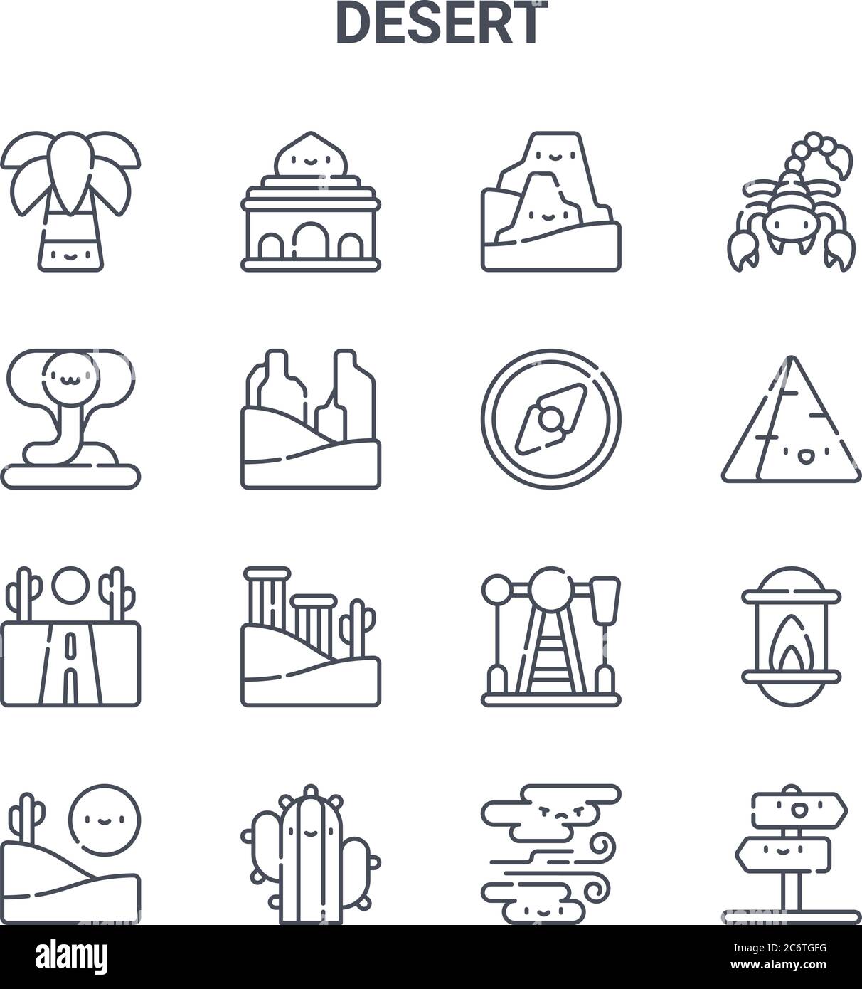 set of 16 desert concept vector line icons. 64x64 thin stroke icons such as mosque, cobra, pyramid, petroleum, cactus, , sandstorm, compass, scorpion Stock Vector