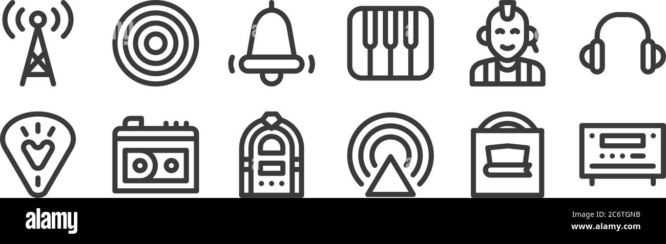 12 set of linear music icons. thin outline icons such as amplifier ...