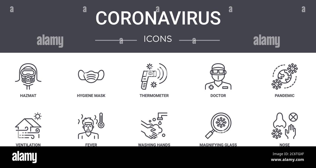 coronavirus concept line icons set. contains icons usable for web, logo, ui/ux such as hygiene mask, doctor, ventilation, washing hands, magnifying gl Stock Vector