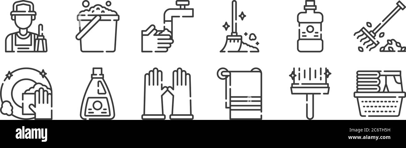 12 set of linear cleaning icons. thin outline icons such as laundry ...