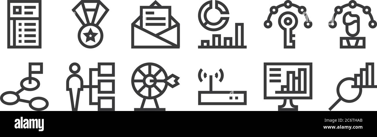 12 set of linear job resume icons. thin outline icons such as data analysis, modem, as, key skills, email, medal for web, mobile Stock Vector