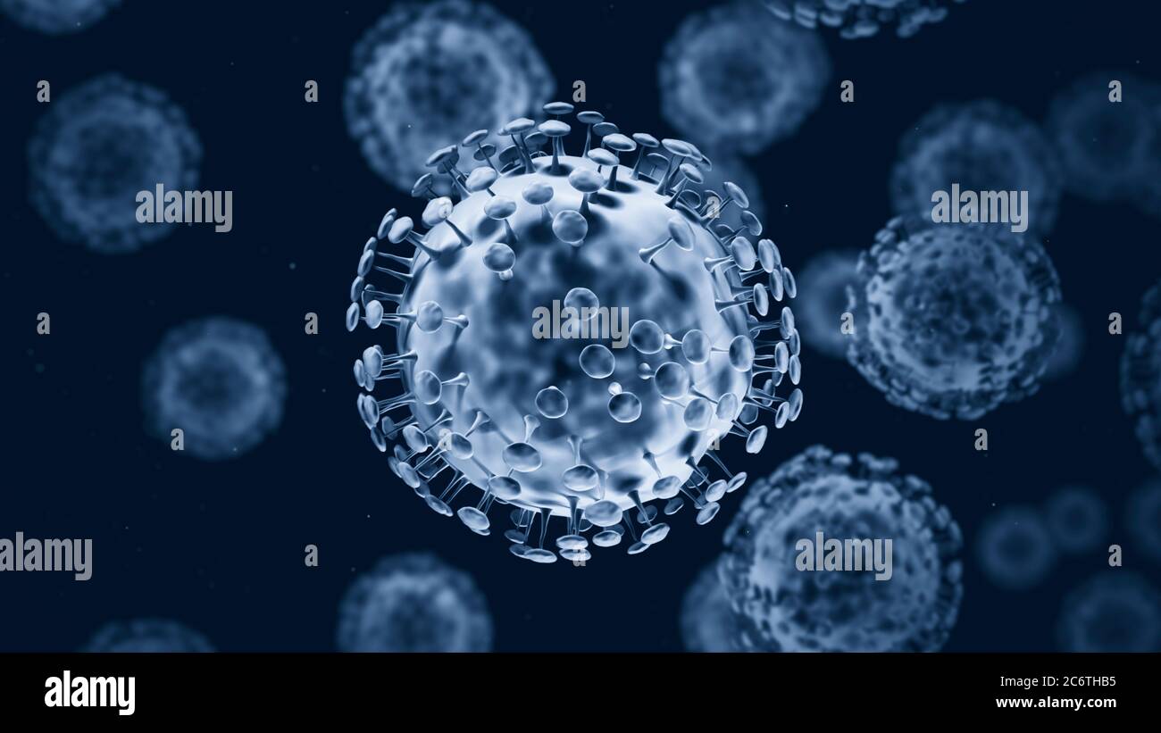 Coronavirus Covid-19 outbreak, microscopic viruses close up. 3D rendering Stock Photo