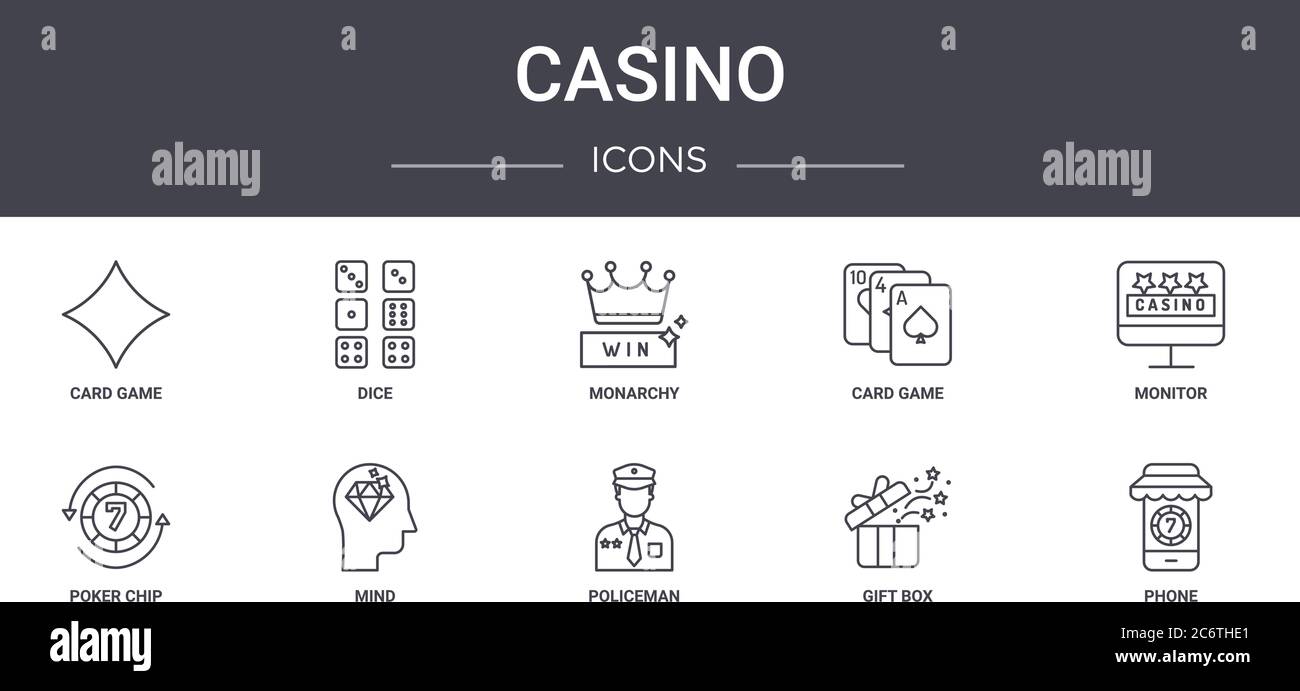 casino concept line icons set. contains icons usable for web, logo, ui/ux such as dice, card game, poker chip, policeman, gift box, phone, monitor, mo Stock Vector