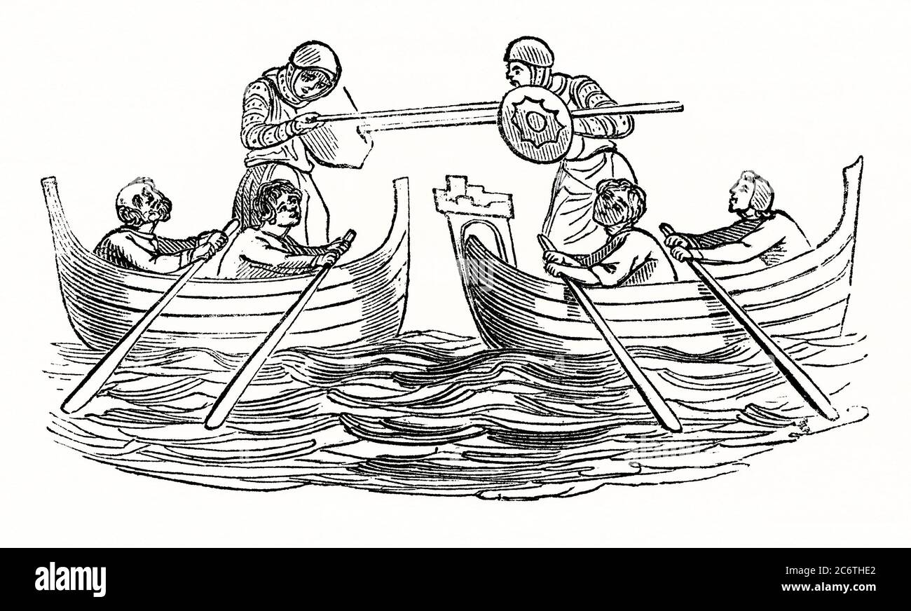 An old engraving showing a jousting contest on water in the Middle Ages. A water jousting game usually takes two forms: either the jousters aim for a quintain or target, or for another jousting boat. Stock Photo