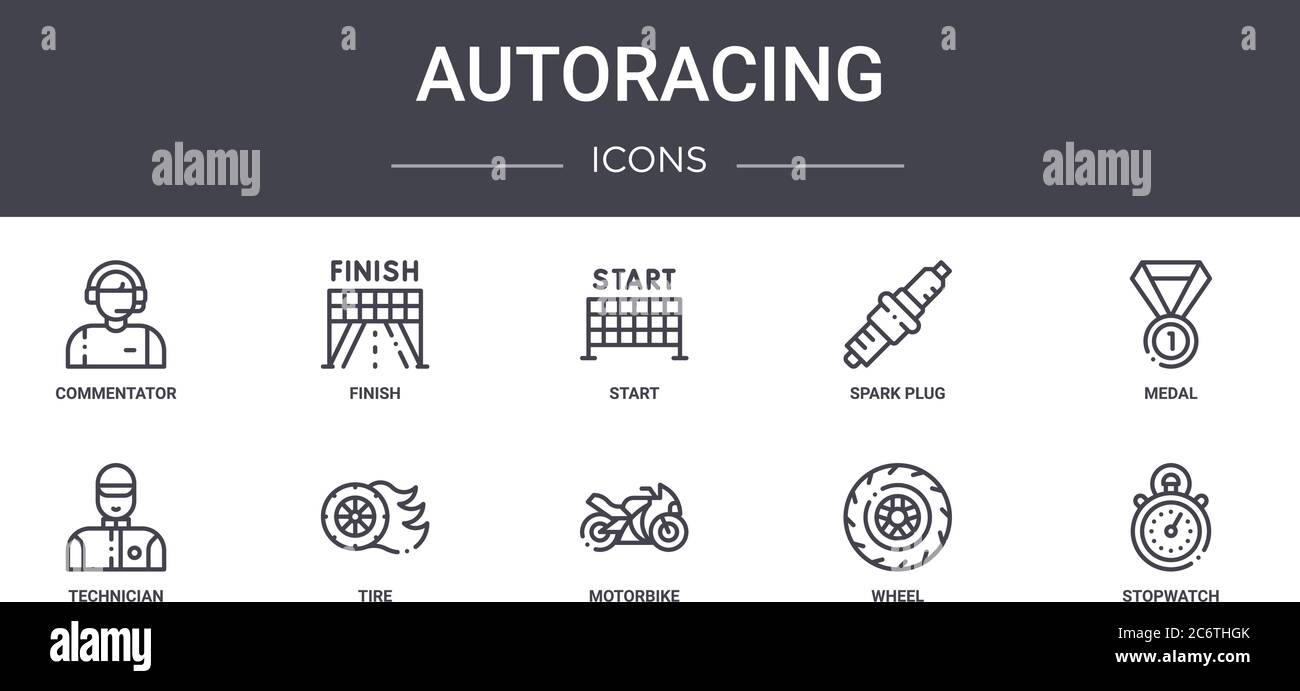 autoracing concept line icons set. contains icons usable for web, logo, ui/ux such as finish, spark plug, technician, motorbike, wheel, stopwatch, med Stock Vector