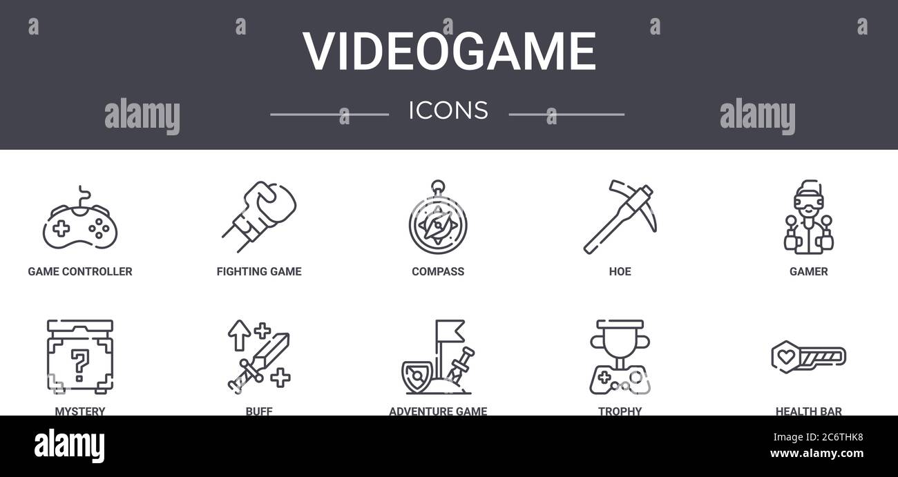 videogame concept line icons set. contains icons usable for web, logo,  ui/ux such as fighting game, hoe, mystery, adventure game, trophy, health  bar Stock Vector Image & Art - Alamy
