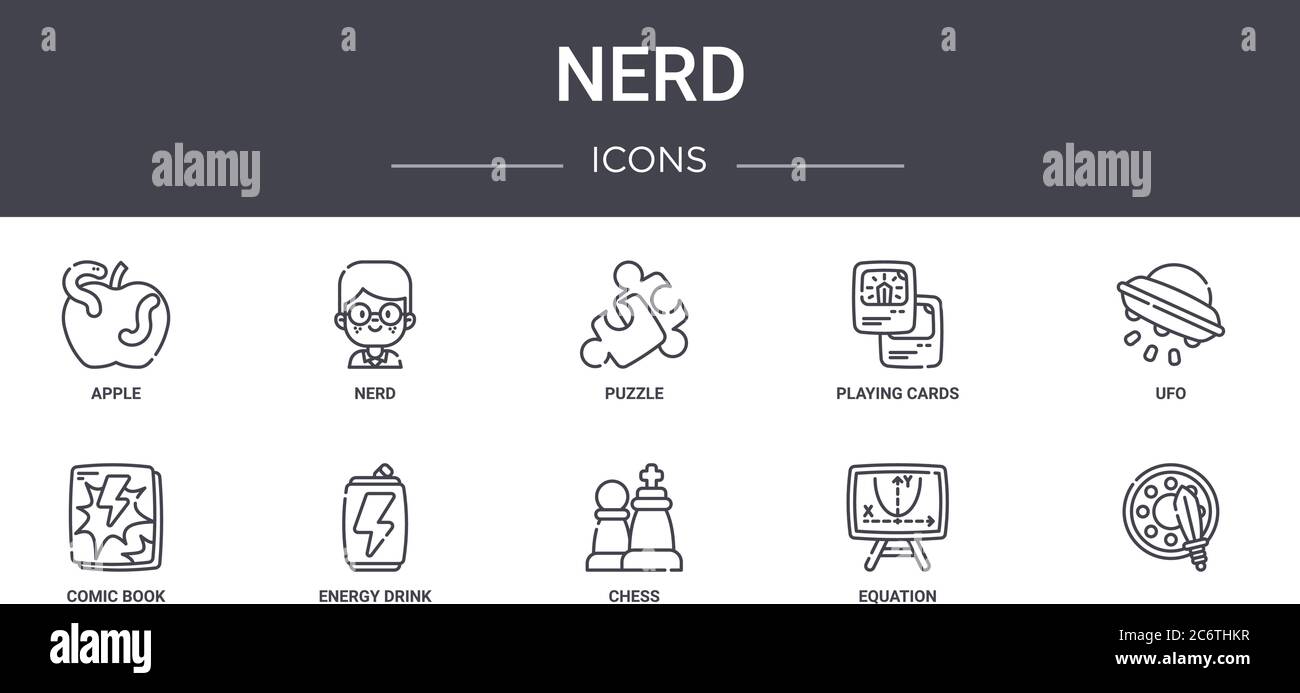 nerd concept line icons set. contains icons usable for web, logo, ui/ux such as nerd, playing cards, comic book, chess, equation, , ufo, puzzle Stock Vector