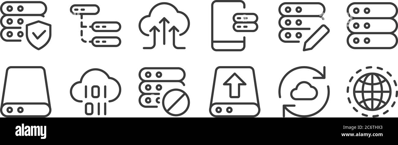 12 set of linear work office server icons. thin outline icons such as internet, upload, binary code, edit, uploading, transfer for web, mobile Stock Vector