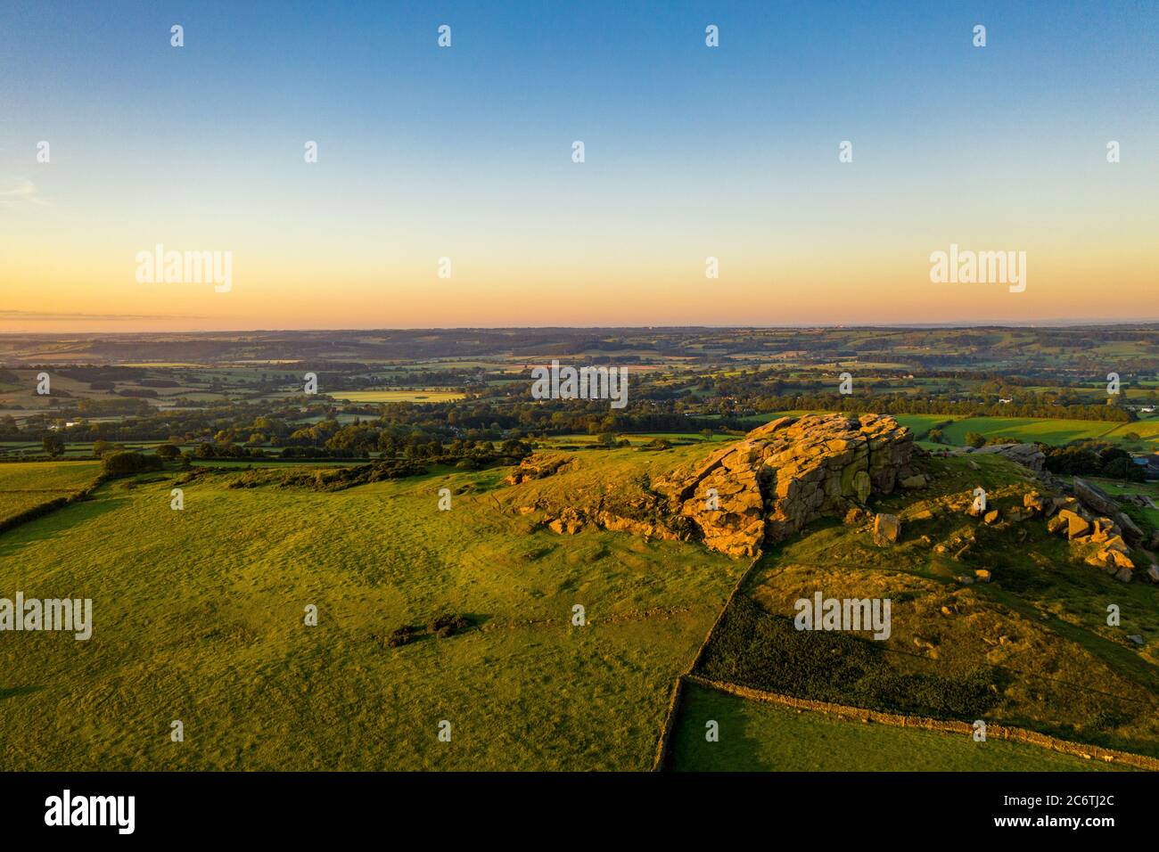 Almscliffe Crag, or Almscliff Crag is a Millstone Grit outcrop at the top of a small hill near the village of North Rigton,near Leeds and Harrogate Stock Photo