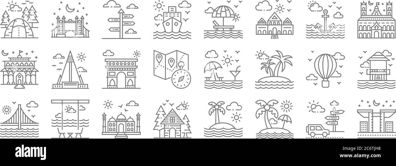 tourism line icons. linear set. quality vector line set such as building, tropical, cottage, bridge, hot air balloon, arc de triomphe, castle, beach, Stock Vector