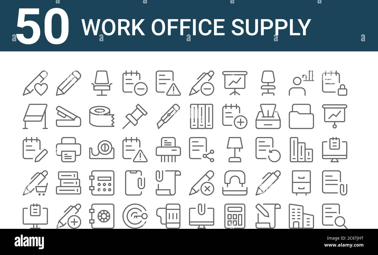 set of 50 work office supply icons. outline thin line icons such as ...