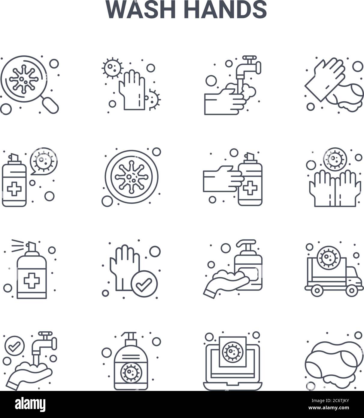 set of 16 wash hands concept vector line icons. 64x64 thin stroke icons ...