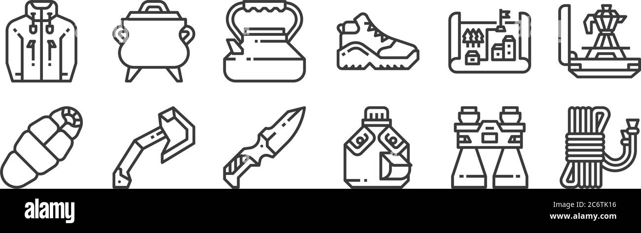 12 set of linear camping icons. thin outline icons such as rope, water ...