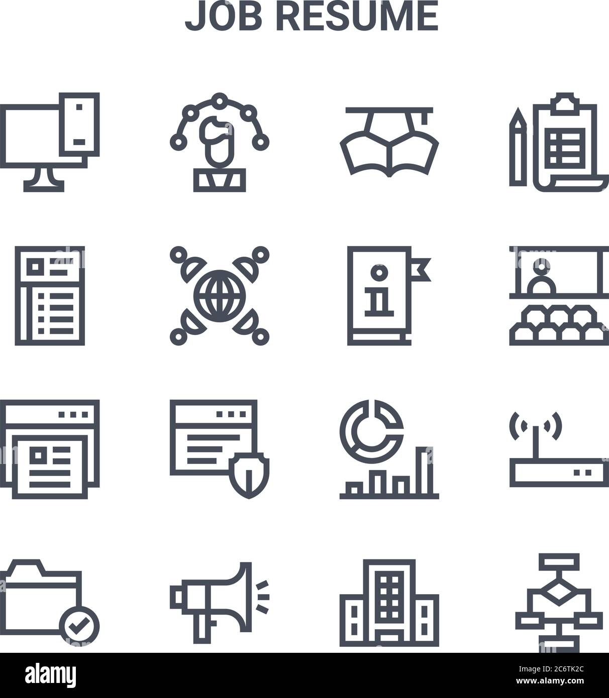 set of 16 job resume concept vector line icons. 64x64 thin stroke icons such as skills, cv, seminar, analysis, promotion, diagram, company, manual, pl Stock Vector