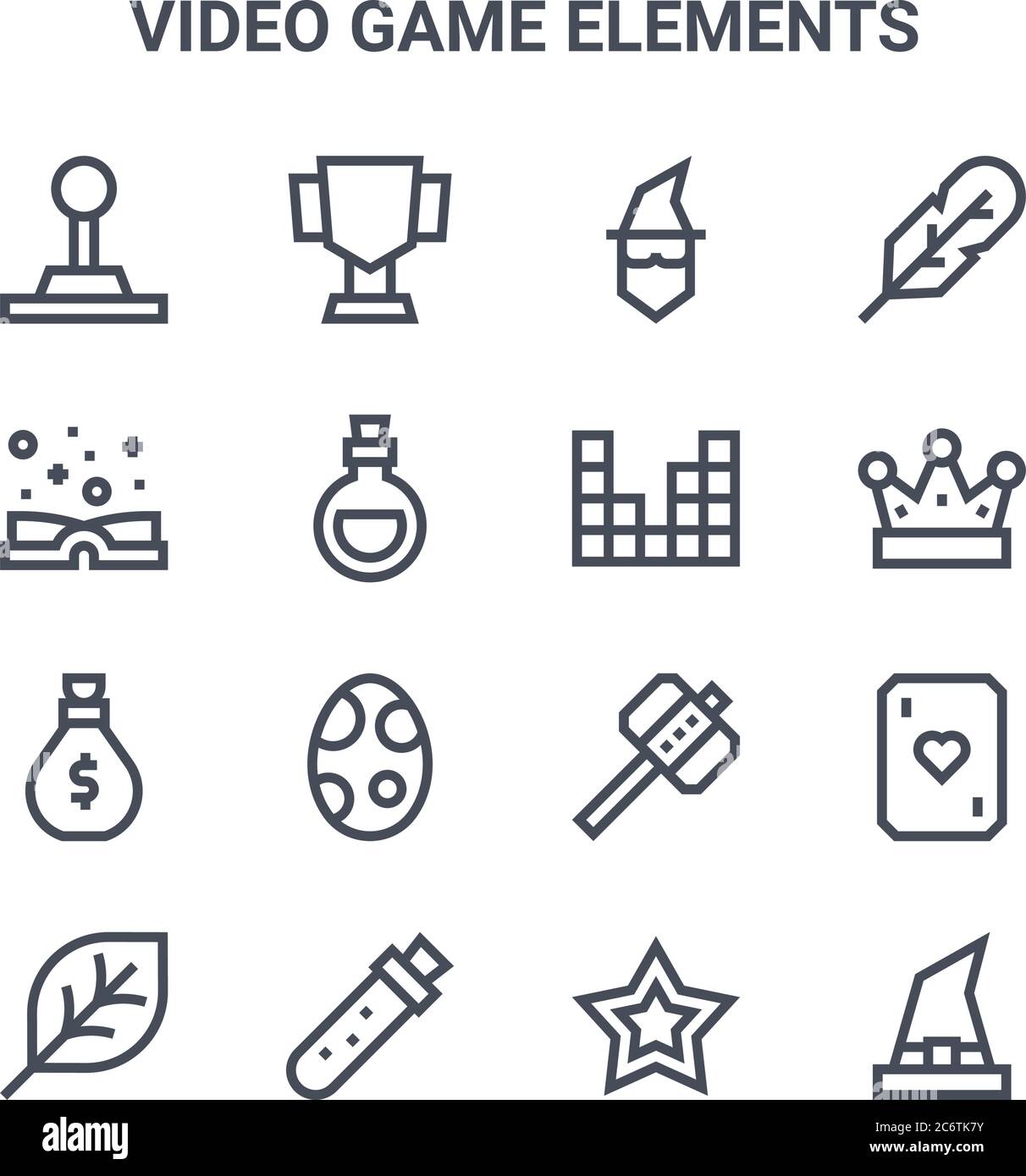 set of 16 video game elements concept vector line icons. 64x64 thin stroke icons such as cup, magic book, crown, hammer, magic potion, witch hat, star Stock Vector