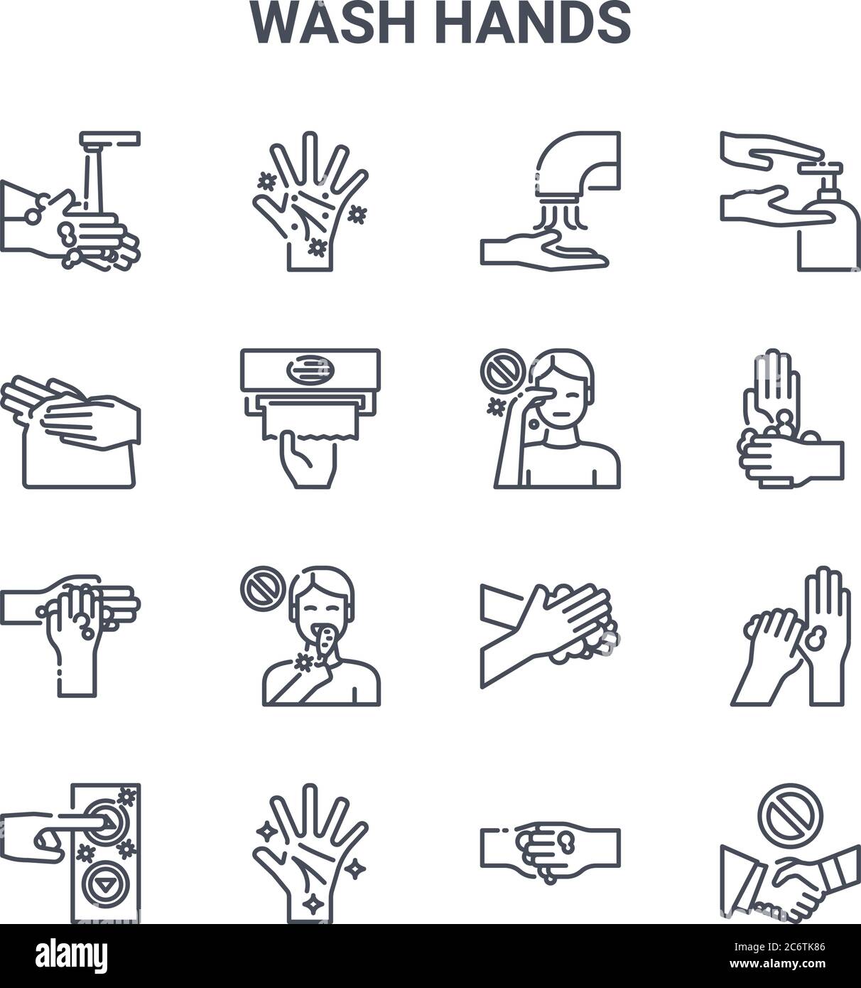 set of 16 wash hands concept vector line icons. 64x64 thin stroke icons ...
