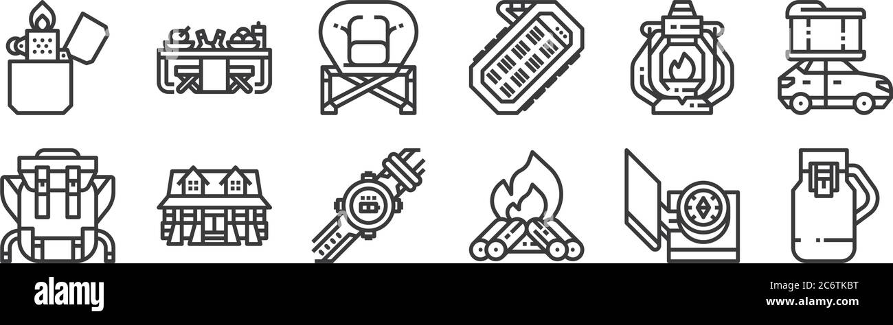 12 set of linear camping icons. thin outline icons such as flask ...