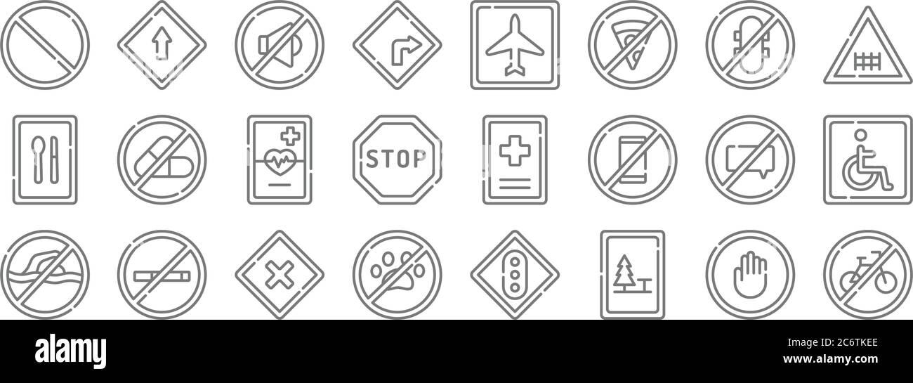 signals and prohibitions line icons. linear set. quality vector line set such as no bicycle, camping, no pets, no swimming, talking, emergency, railwa Stock Vector