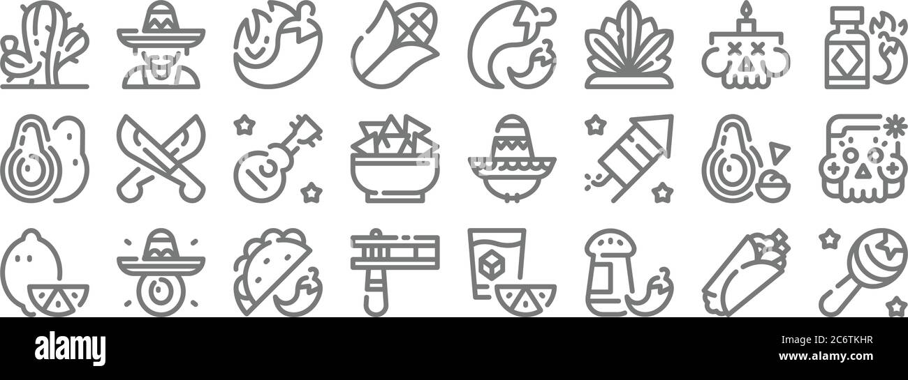 cinco de mayo line icons. linear set. quality vector line set such as maraca, chilli, , lemon, guacamole, guitar, tabasco, chilli, mexican Stock Vector