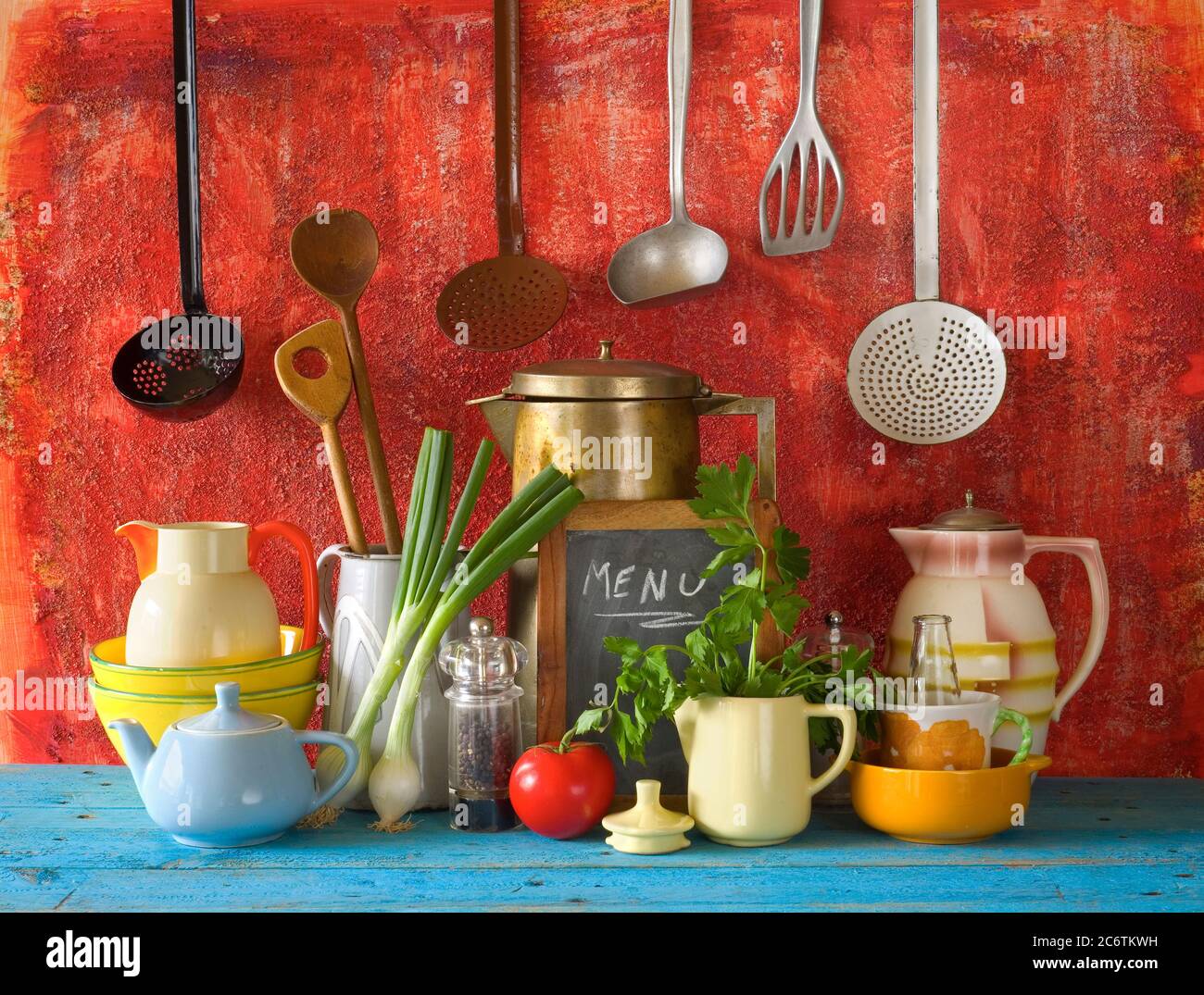collection of vintage kitchen utensils and food ingredients Stock Photo ...