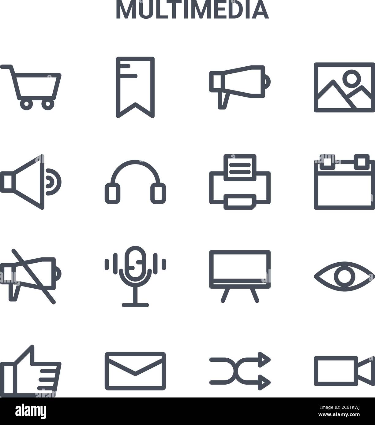 set of 16 multimedia concept vector line icons. 64x64 thin stroke icons ...