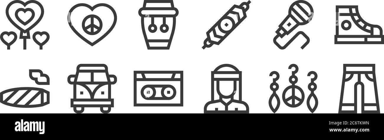 12 set of linear hippies icons. thin outline icons such as trousers ...