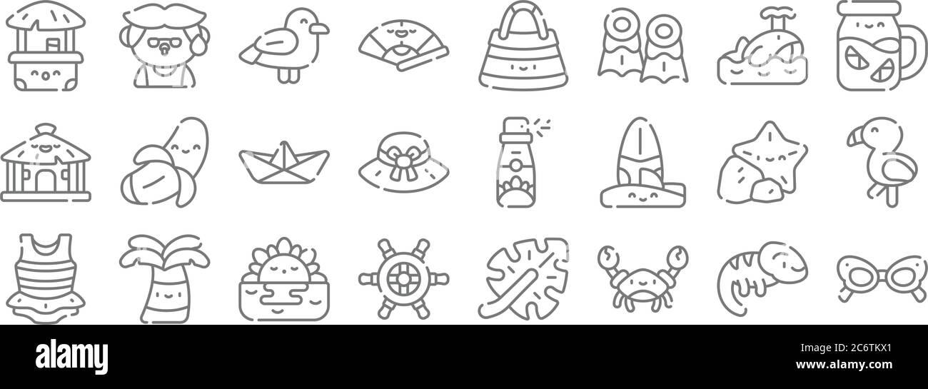 summer line icons. linear set. quality vector line set such as sunglasses, crab, rudder, swimsuit, starfish, paper boat, lemonade, beach bag, man Stock Vector