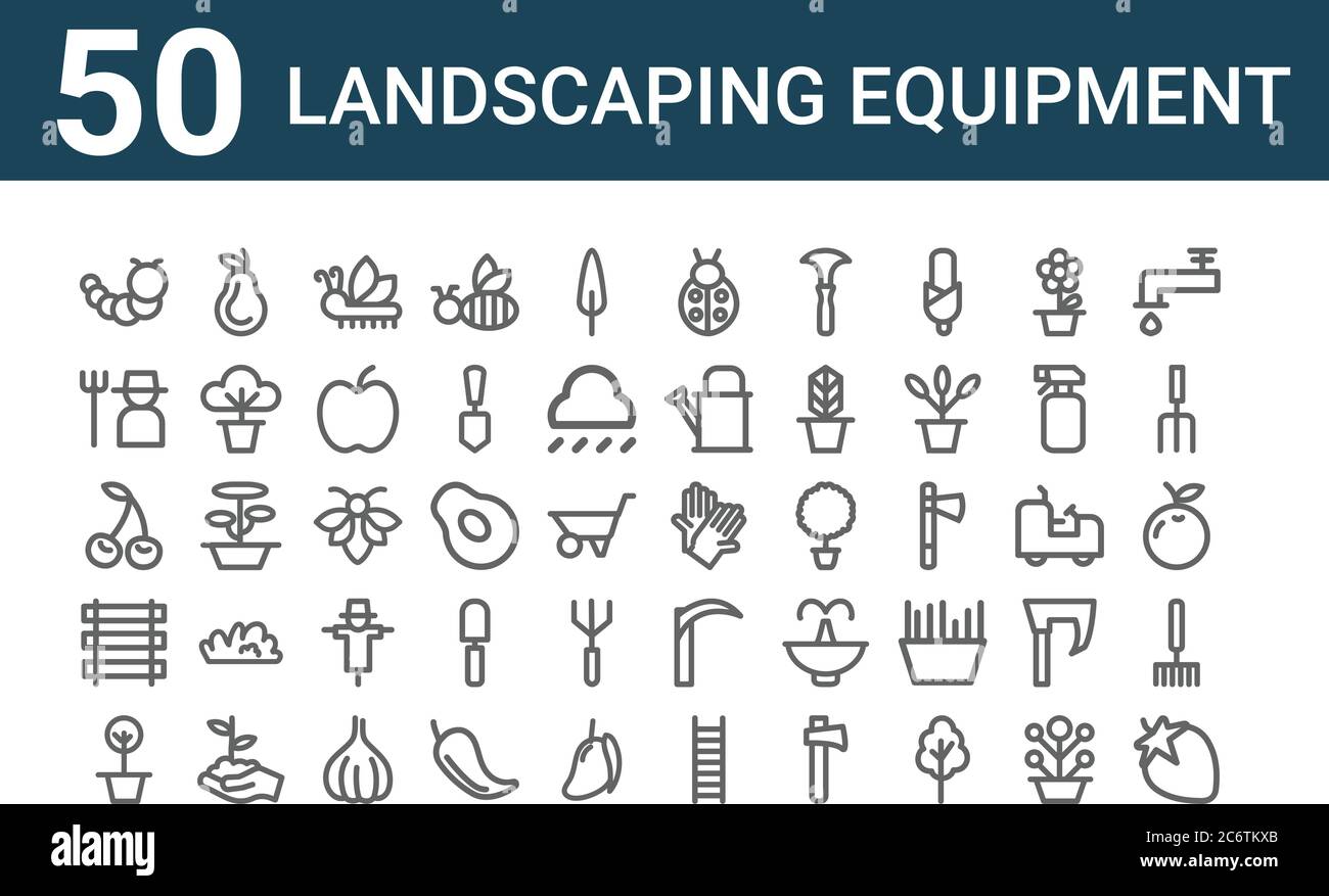 set of 50 landscaping equipment icons. outline thin line icons such as strawberry, pot, fence, cherry, gardener, pear, gloves, bug, bee, axe Stock Vector