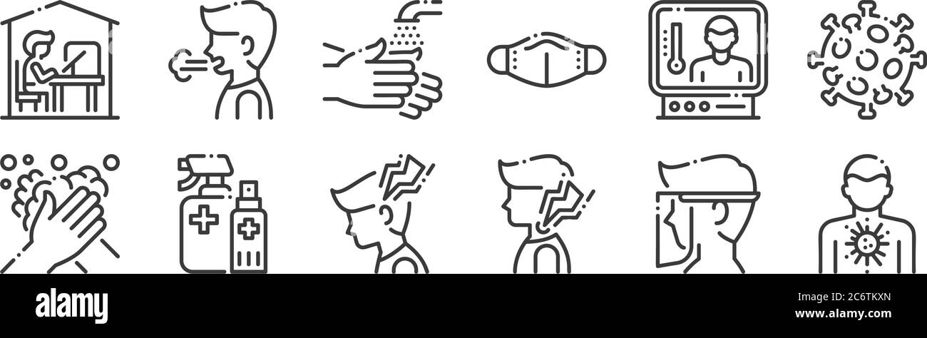 12 set of linear virus spread icons. thin outline icons such as person ...