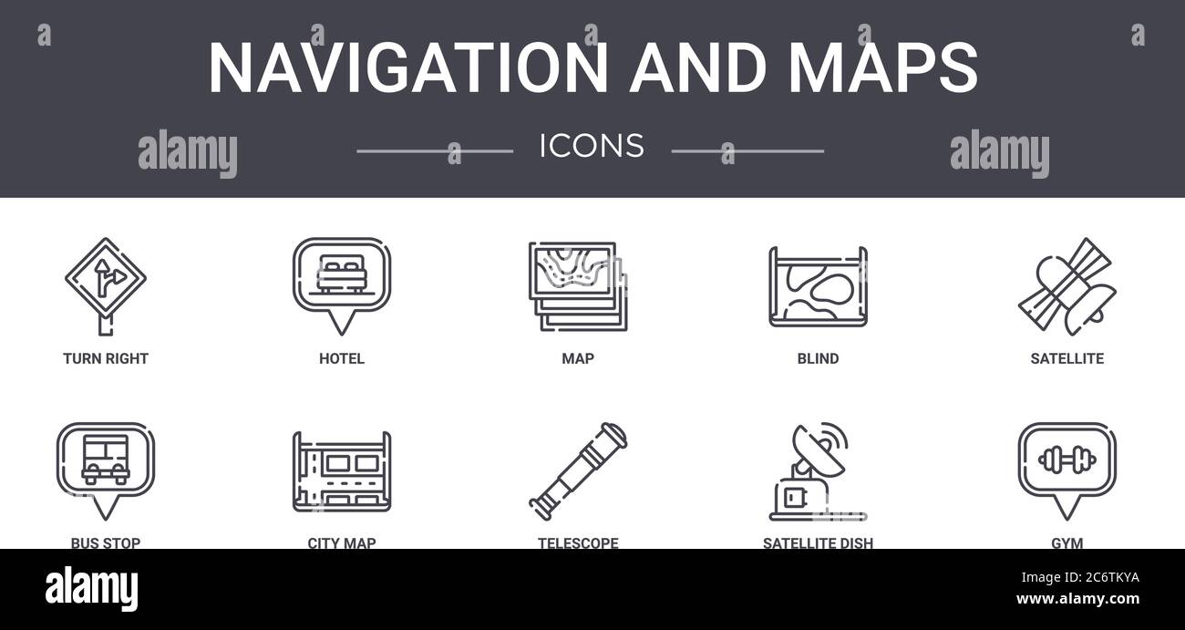 navigation and maps concept line icons set. contains icons usable for web, logo, ui/ux such as hotel, blind, bus stop, telescope, satellite dish, gym, Stock Vector