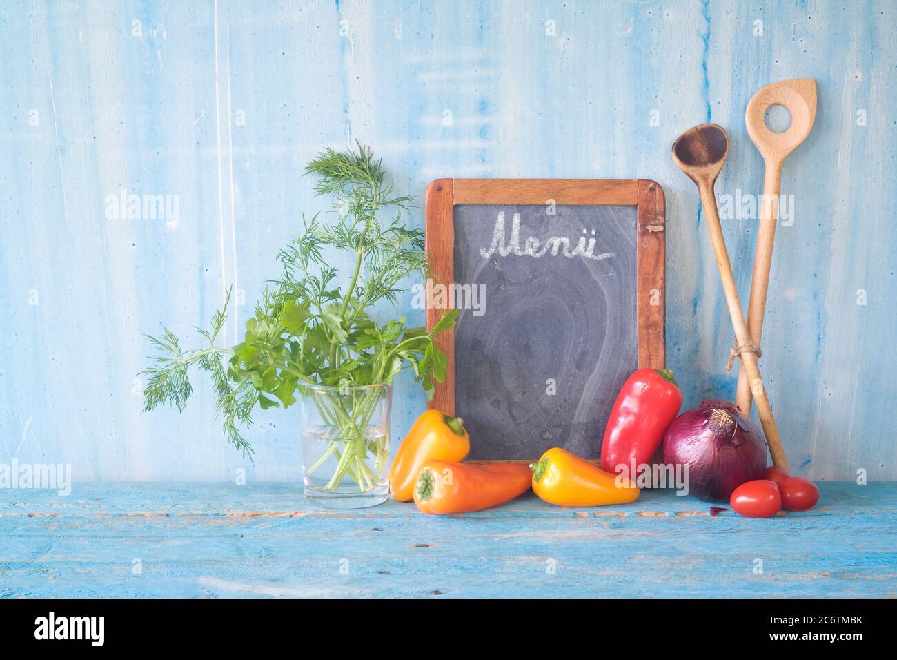 menu template, blackboard and food ingredients,free copy space Stock Photo