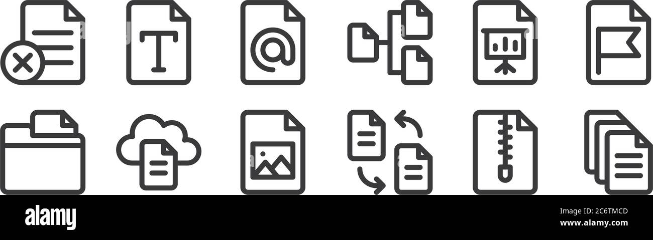 12 set of linear document and files icons. thin outline icons such as file, transfer, file, presentation, address, font for web, mobile Stock Vector
