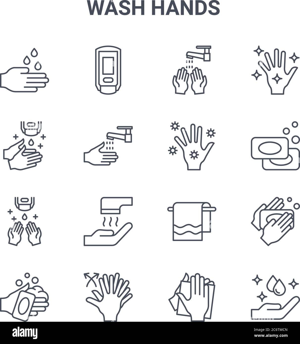 set of 16 wash hands concept vector line icons. 64x64 thin stroke icons ...