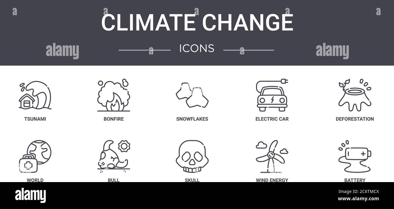 climate change concept line icons set. contains icons usable for web, logo, ui/ux such as bonfire, electric car, world, skull, wind energy, battery, d Stock Vector