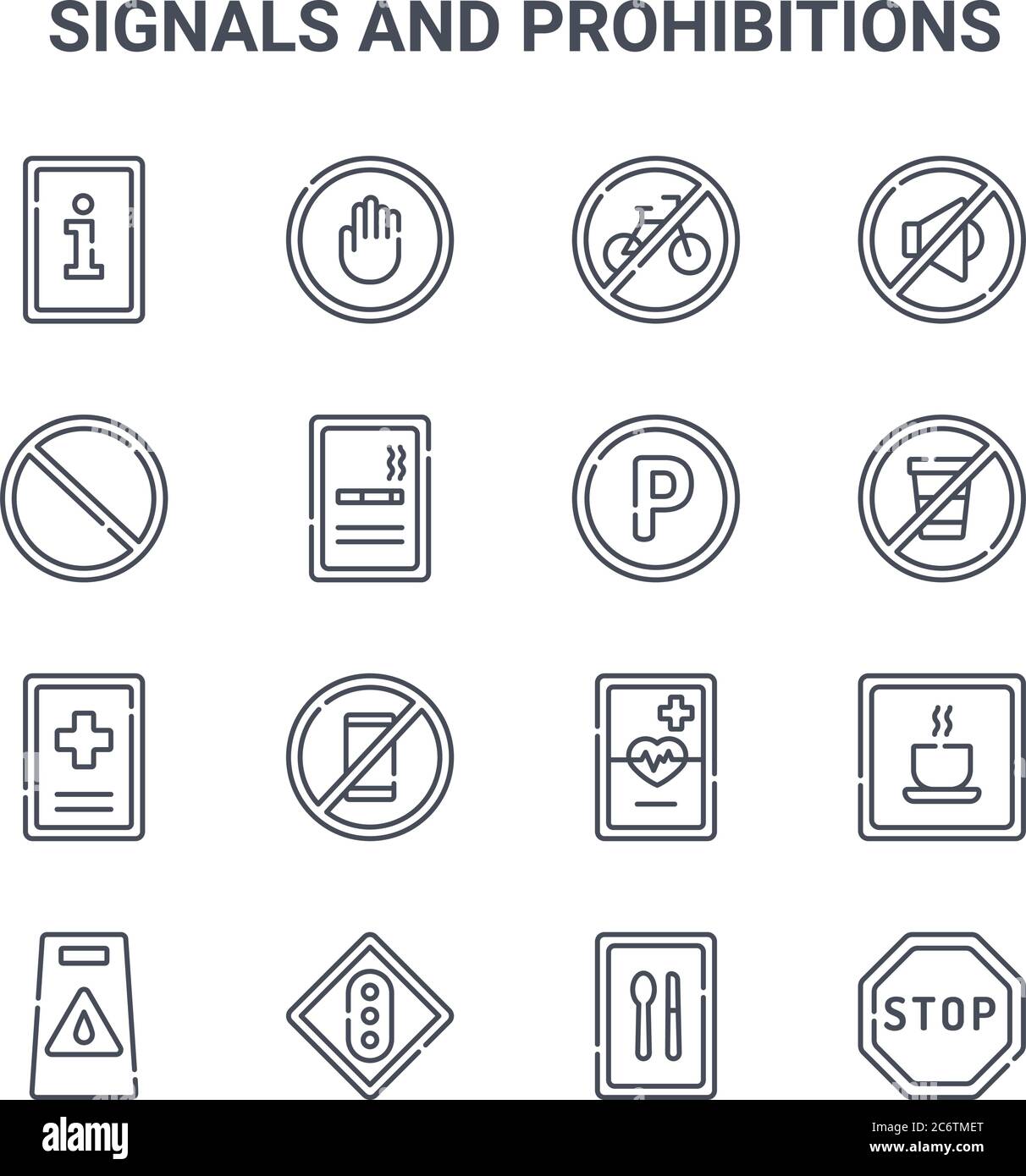 set of 16 signals and prohibitions concept vector line icons. 64x64 ...
