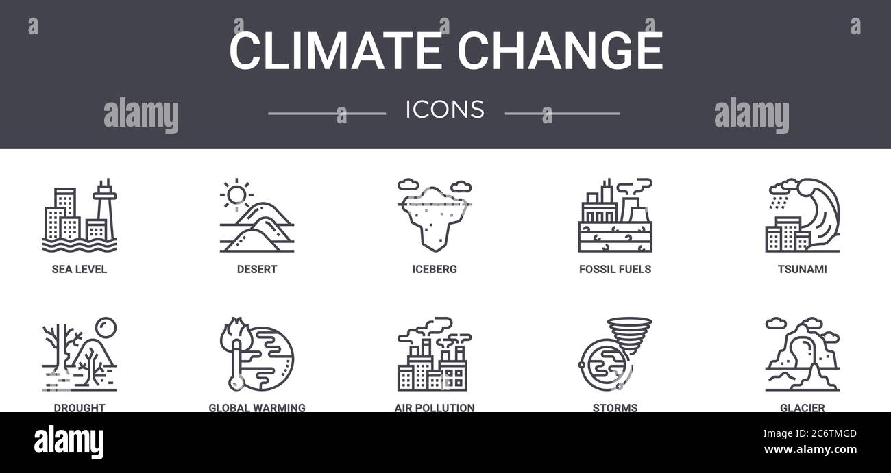 climate change concept line icons set. contains icons usable for web, logo, ui/ux such as desert, fossil fuels, drought, air pollution, storms, glacie Stock Vector